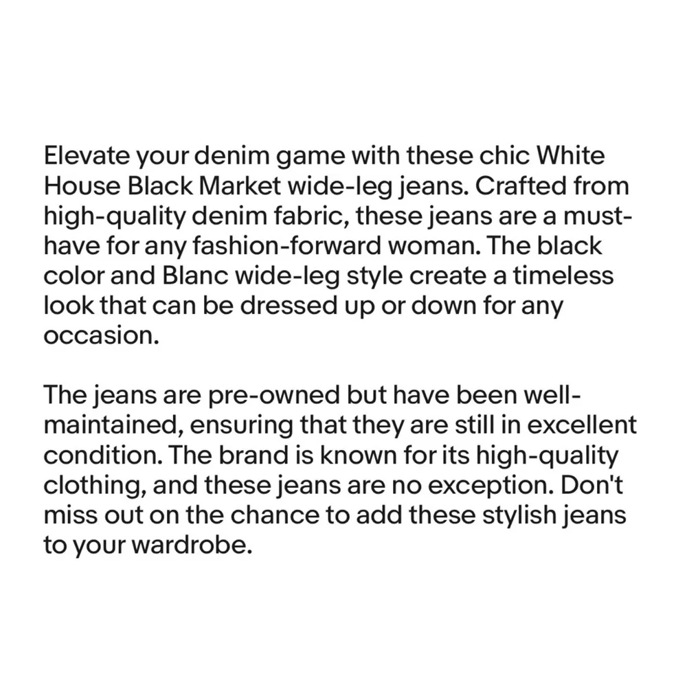 NWOT White House Black Market |‎ Women’s Blanc Wide leg Trouser Jeans 6 Slim $78